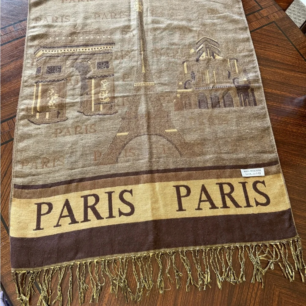 PARIS SCARF SHAWL WRAP VISCOUS BROWN BEIGE FRINGES EIFFEL  TOWER ARC DE TRIOMPHE